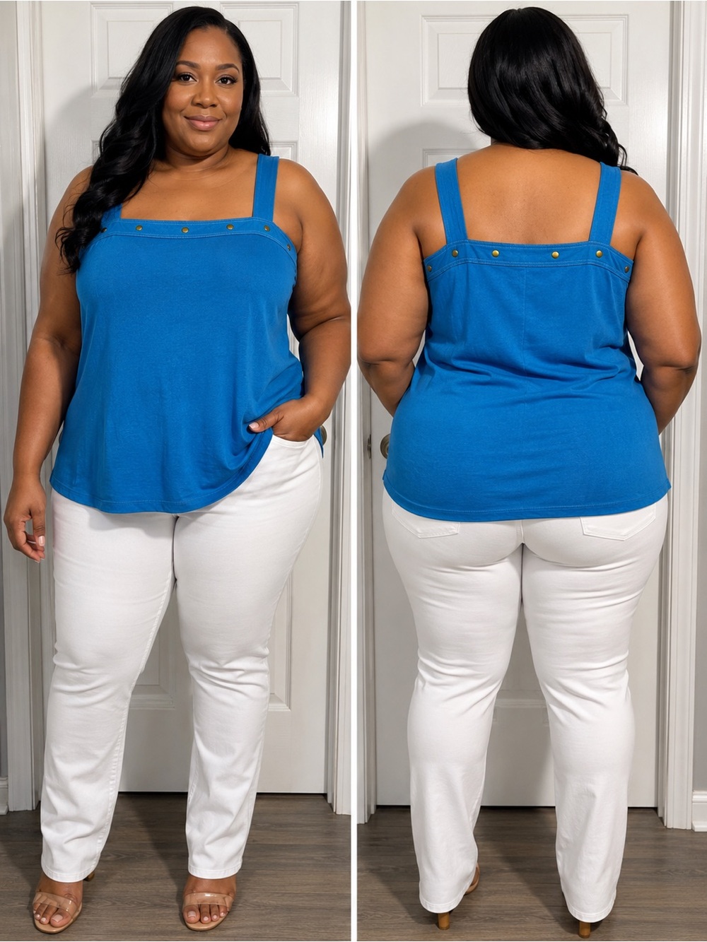 Blue Women’s Square-Neck Tank Top with Gold Studs